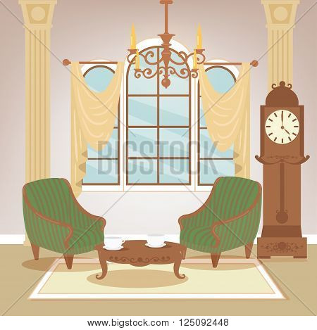 Living Room. Classic Interior. Vintage Style. Retro Furniture. Room Interior with Vintage Chandelier. Home Interior. Vector illustration