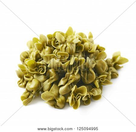 Pile of sacchettoni stuffed sacchetti pasta isolated over the white background