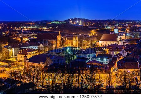 Night view from Tower Of Gediminas, beautiful cityscape of Vilnius, Lithuania.
