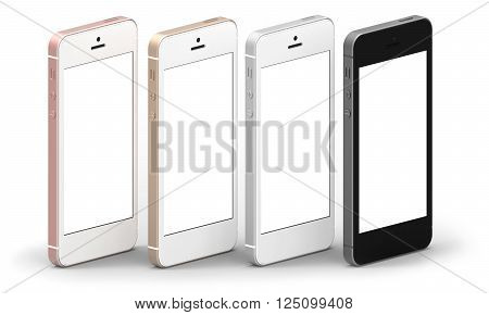 Set of four smartphones gold, rose, silver and black with blank screen. Real camera, high resolution,3D Illustration.