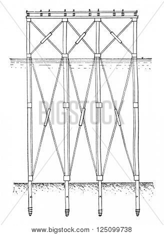 Cross section of the pier Cotonou, vintage engraved illustration. Industrial encyclopedia E.-O. Lami - 1875.