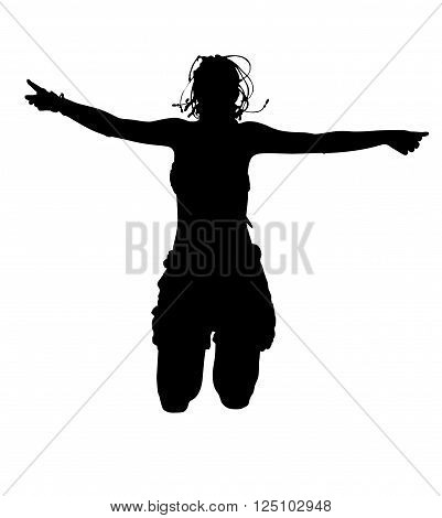Happy sporty woman silhouette jumping in the air, black backlight isolated on white background.