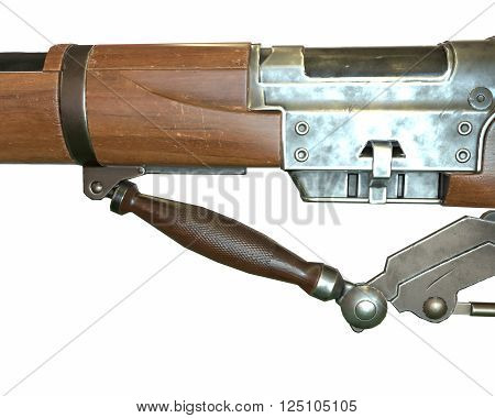 Steampunk rifle parts concept 3D illustration on white background isolated