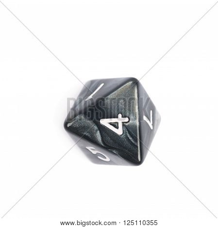 Roleplaying black polyhedral octahedron gaming plastic dice isolated over the white background