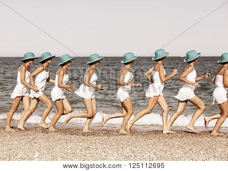 Woman running on the beach. Multiple exposure shot.