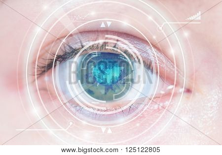 Close-up of woman's blue eye. High technology in the futuristic. scan, contact lens