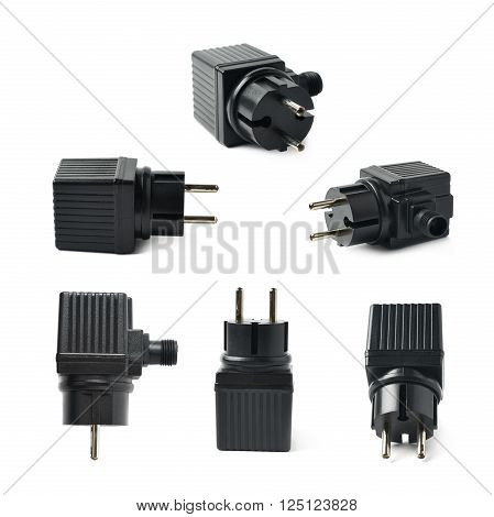 Black plastic electric adapter isolated over the white background, set collection of six different foreshortenings