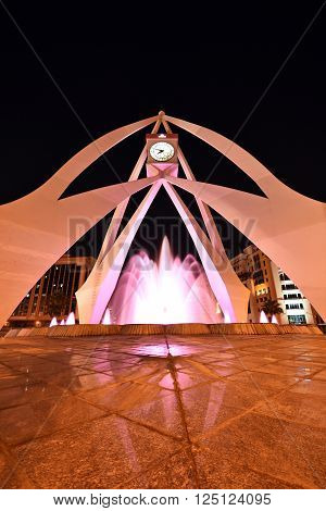 Dubai Clock Tower round about at night with long exposure, Deira, Dubai, United Arab Emirates