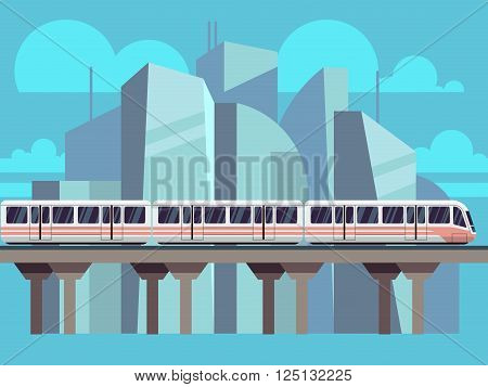 Sky Train, Subway Landscape Flat Concept. Vector train transportation concept on city backdrop