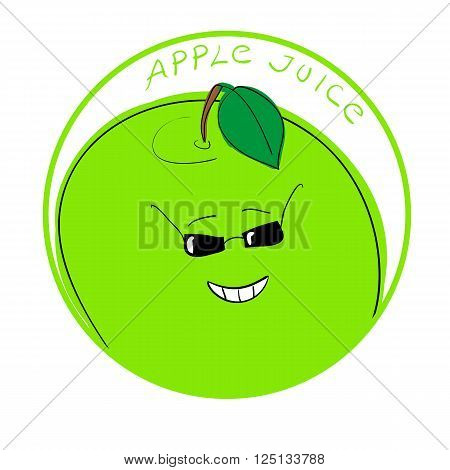 Vector illustration funny apple cartoon character in a round frame with handwritten words Apple Juice against white background