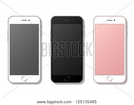 Three realistic mobile phone, smartphone. Isolated on white background with shadows. Vector illustration.