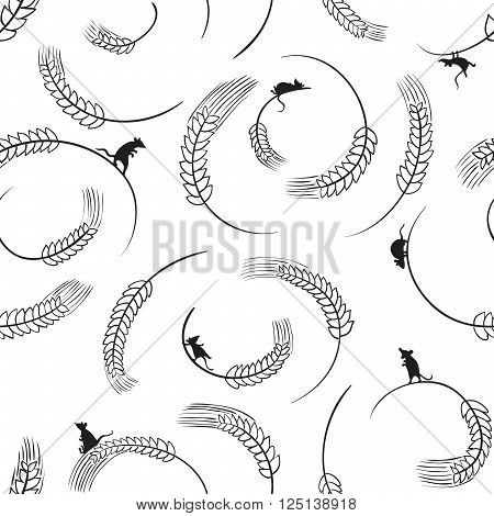 Minimalistic black and white farm pattern with wheet and mouse