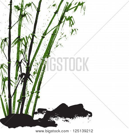 Watercolor background with bamboo and stones. White background. Stock vector Illustration.