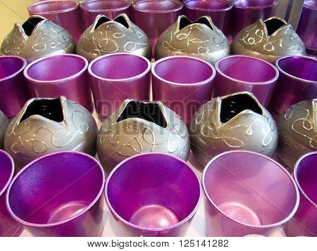Purple and gold vases and pots ready for Spring gardening