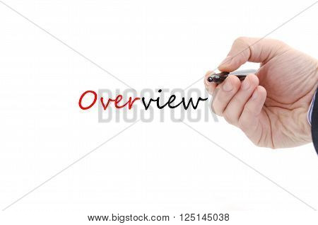 Human hand writing Overview isolated over white background - business concept