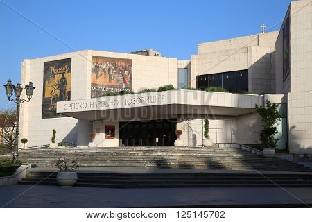 NOVI SAD SERBIA - APRIL 03: View of modern building of the Serbian National Theatre is located in the old center of Novi Sad.Photographed the in Novi Sad Serbia on April 03 2016