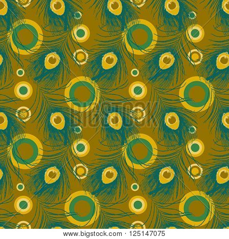 Seamless pattern with peacock feathers and concentrated circles. Stock vector illustration.