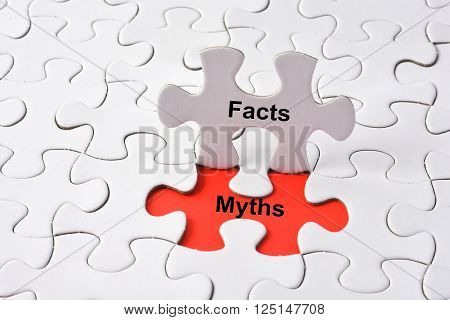 Facts and Myths with missing puzzle on red background