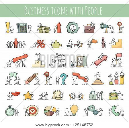 Business icons set of sketch working little people with money teamwork. Doodle cute miniature scenes of workers. Hand drawn cartoon vector illustration for business design and infographic.