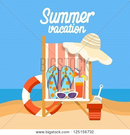Summer Beach Vacation Set Sand Tropical Banner Flat Vector Illustration