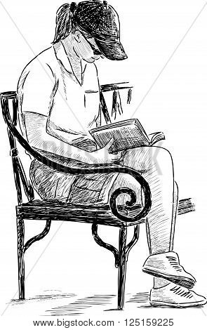 Vector drawing of an young girl reads on a park bench.