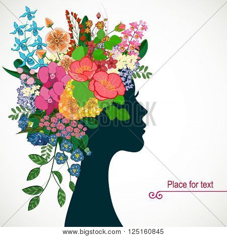 Beautiful profile young woman with tropicl flowers in heir hair. Vector illustration greeting card beauty and fashion. 