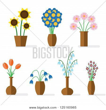 Flat illustration with shadows. Colorful flowers in brown clay vases.