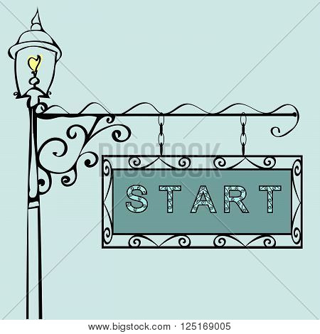 start text on vintage street sign Patterned vintage gas lantern with retro sign. Vector illustration