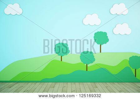 Empty childroom interior with cartoon landscape. 3D Rendering