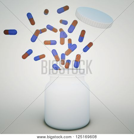 Red and blue pills in blank white bottle on light background. Mock up 3D Rendering