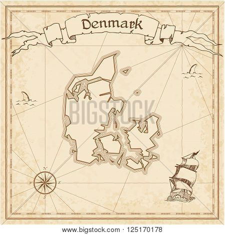 Grunge Vector Treasure Map Of Denmark. Stylized Old Pirate Map Template With Banner Ribbon And Count