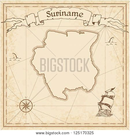 Grunge Vector Treasure Map Of Suriname. Stylized Old Pirate Map Template With Banner Ribbon And Coun