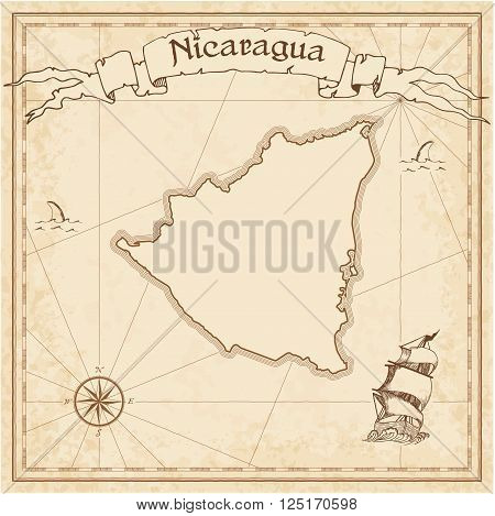 Grunge Vector Treasure Map Of Nicaragua. Stylized Old Pirate Map Template With Banner Ribbon And Cou