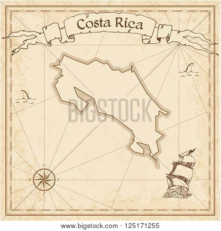 Grunge Vector Treasure Map Of Costa Rica. Stylized Old Pirate Map Template With Banner Ribbon And Co
