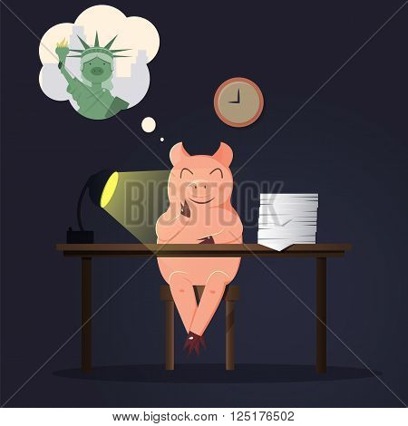 Working pig in office dreaming about vacation in New York.