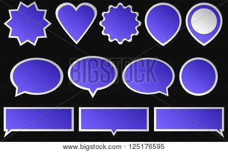 Set of blue stickers isolated on dark background. Various shapes of a blue stickers.