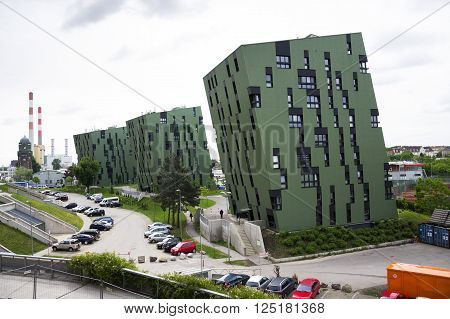 Vienna, Austria - May 7: Modern Residential Apartments Living House Exterior Near Gasometers Of Vien