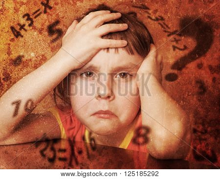 Lonely child solves problems. Photos in a grunge style.
