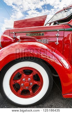 SCOTTSDALE AZ - SEPTEMBER 5: Fender details 
on a Classic Diamond T Pickup Truck September 5 2015 in Scottsdale 
Arizona