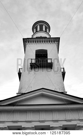 Church of St. Alexander Nevsky in Ust-Izhora town St.Petersburg suburb Russia. Black and white.