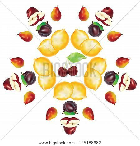 circle frame composition with summer fruits on a white backgrounds
