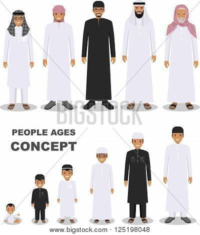 All age group of arab man family. Generations man. Stages of development people - infancy, childhood, youth, maturity, old age.