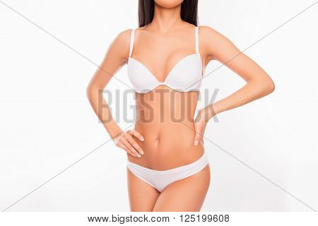 Sey Slim Woman Posing In Underwear On White Background, Close Up Photo