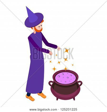 Cute wizard casts a spell above the cauldron with a potion. Wizard isolated on white background. Isometric icon of wizard. Vector illustration.