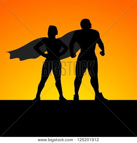 cartoon illustration of two super heroes standing silhouettes