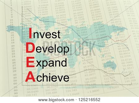 Acronym IDEA - Invest Develop Expand Achieve. Concept
