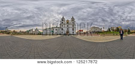 MINSK, BELARUS - APRIL 08, 2016: 360 Degree Spherical Panorama of Holy Spirit Cathedral, Main Landmark of Minsk, The Capital of Belarus