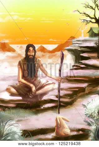 Cartoon illustration of cute white rabbit bunny talking with an old hermit sage on the rocky mountain path