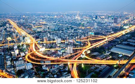 The highest Aerial view of Bangkok Highway at Dusk in Thailand