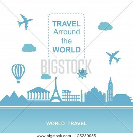 Famouse places. Travel arround the world vector illustration. Travelling by plane, airplane trip in various country.  Flat icon modern design style poster. Travel banner.